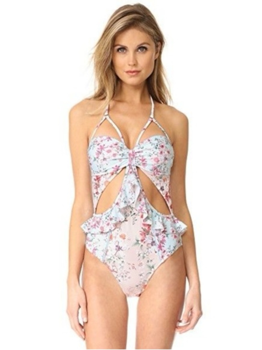 MINKPINK Floral Cutout Ruffle One Piece Swimsuit Halter Tie Size M